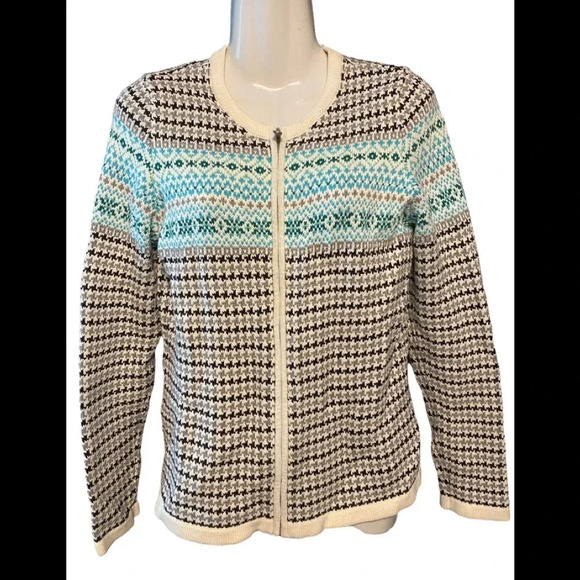 Talbots Cardigan Cotton Full Zip Fair Isle - Picture 1 of 7